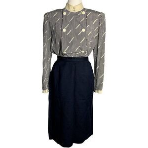 Vintage 80s Louis Feraud Top Skirt Set 12 Navy Blue Linen Silk Stripe
